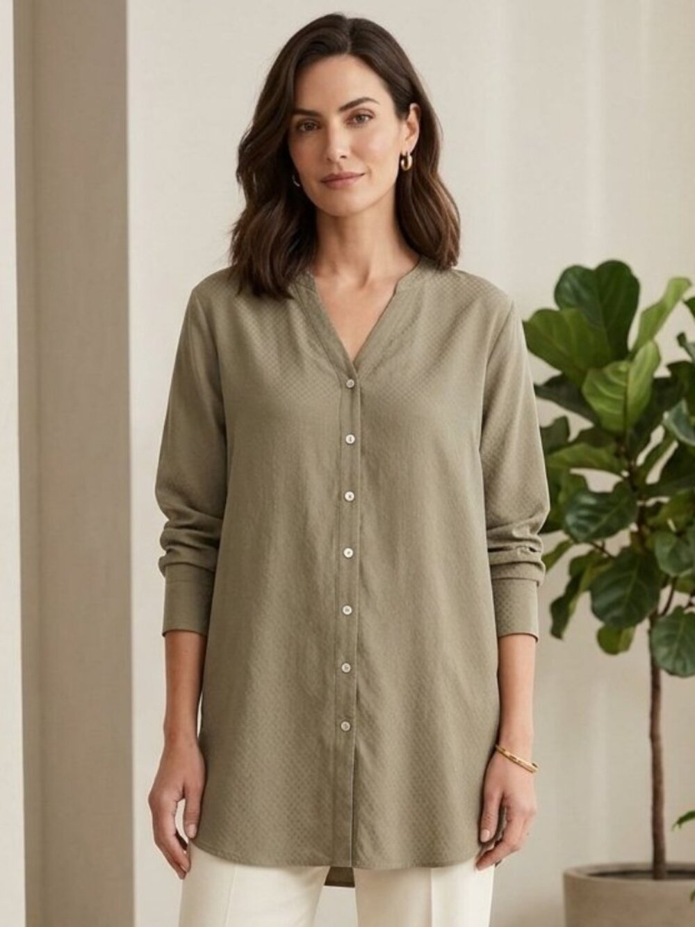 Eileen Fisher Tunic Button-Front V-Neck Women's Size Large Olive Textured Silk